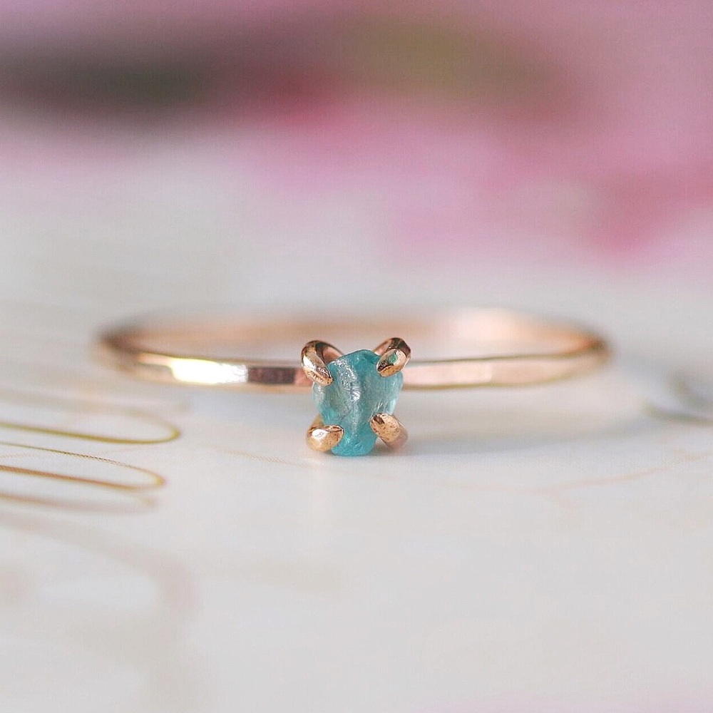Handmade 14k Gold Dainty Rough Apatite Ring